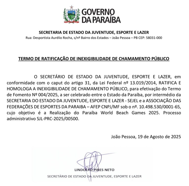 TERMO DE RATIFICAÇÃO DE INEXIGIBILIDADE DE CHAMAMENTO PÚBLICO - Paraíba World Beach Games 2025